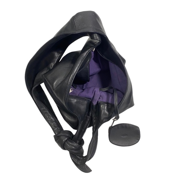 LUPO Slouchy Knotted Strap Oversized Hobo Black Leather Bag - Picture 3 of 9